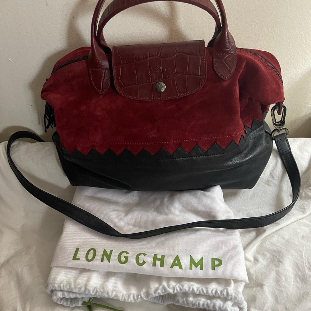 Longchamp Red Suede and Black Leather Shoulder Satchel